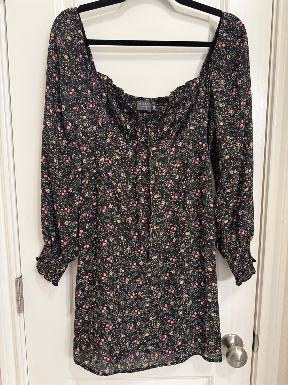 Dress Forum Black Floral Square-Neck Long Sleeve Mini Dress